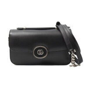 Gucci Double GG Logo Chain Shoulder Bag Black Leather